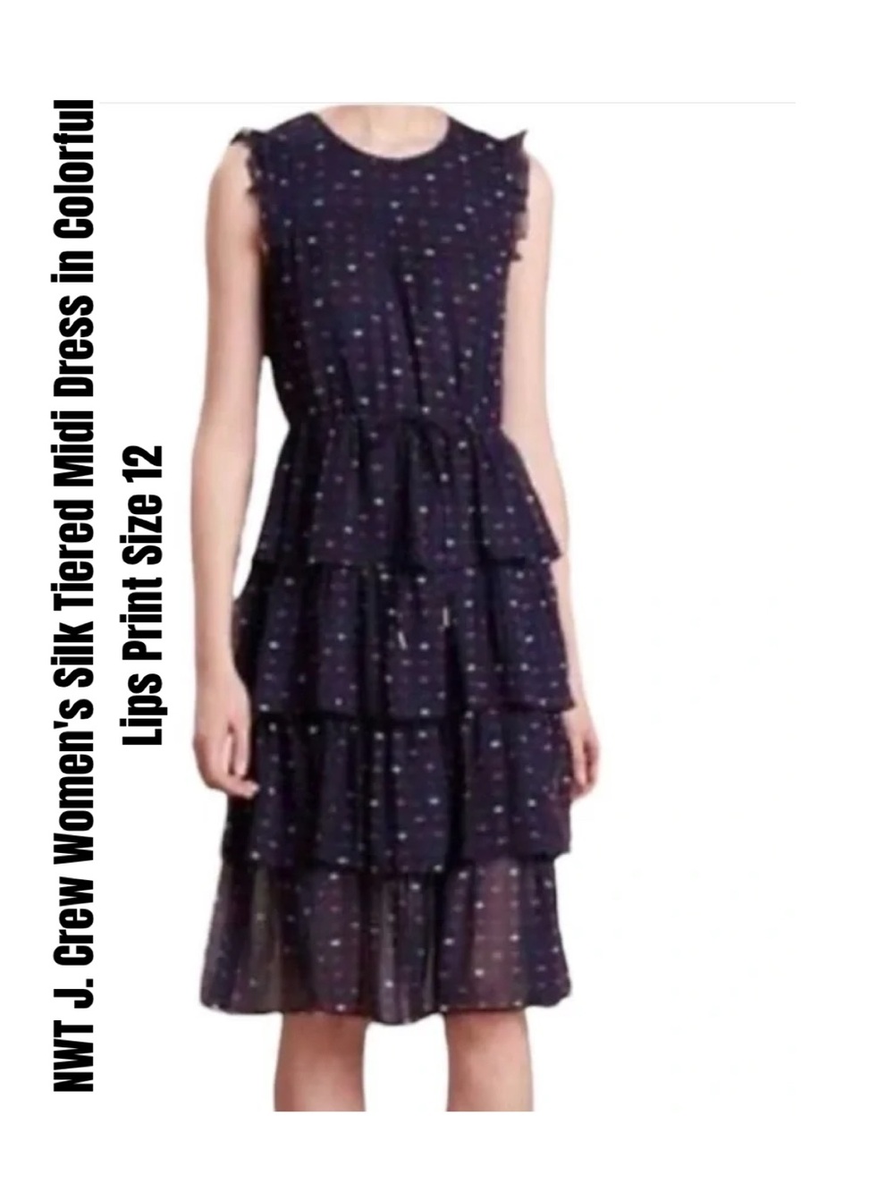 J. Crew Women's Silk Tiered Midi Dress in Colorful Lips Print Size 12